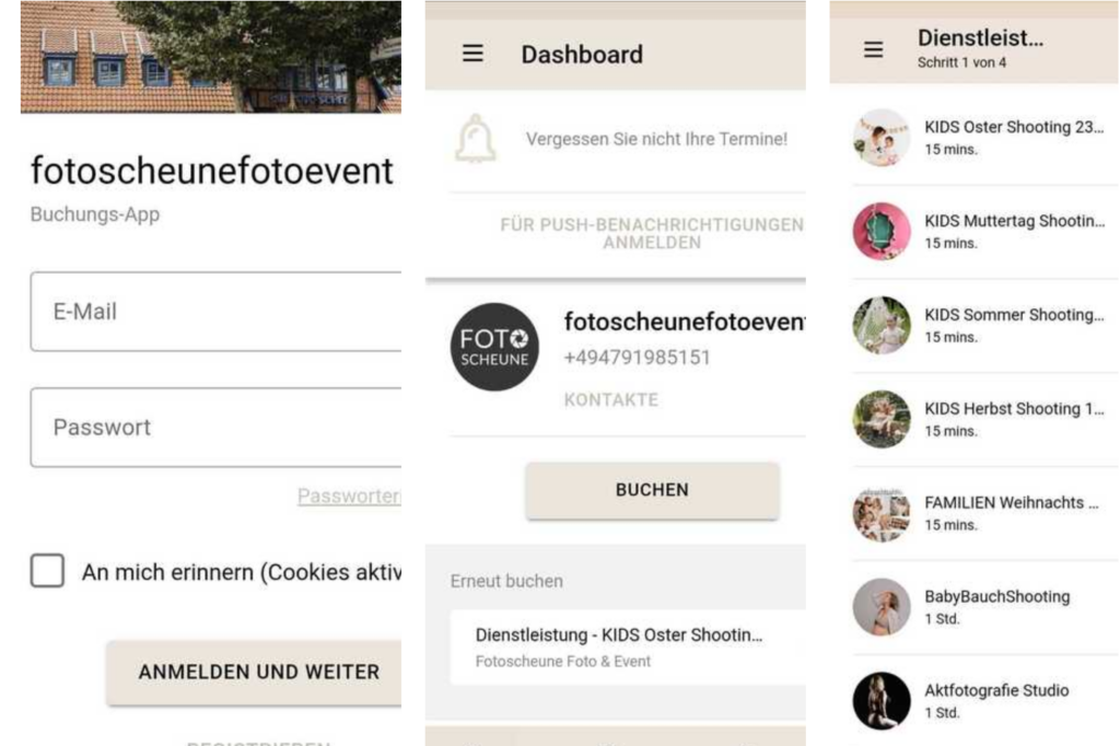 Bild von der Buchungsapp der Fotoscheune